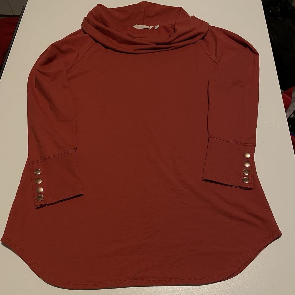 Soft Surroundings Med.Pullover Tunic Terracotta Draped Cowl Neck Button Cuff Top